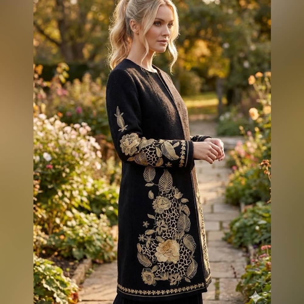 Elegant Black Coat with Gold Floral Embroidery & Belt .